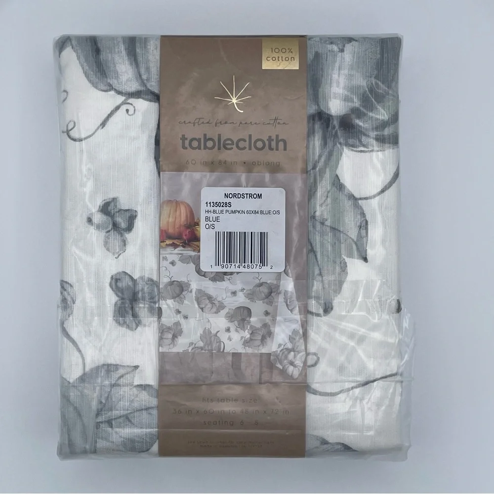 Nordstrom Tablecloth 100% Cotton Fall Harvest Pumpkins White Gray NEW NWT N198